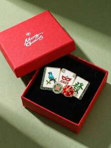 1pc Women's Fun Mahjong Brooch, Gold Enamel Clown Card & Lucky Charm Lapel Pin, Green Rhinestone Coat Scarf Accessory - Multicolor - View 6