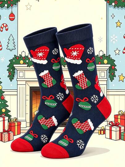 1 Pair Of Men Funny GraphicCrew Socks, Christmas Glove Stocking Bauble Snowflake Pattern, Soft Breathable, Halloween Christmas Gift For Men & Women