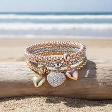 3pcs Metallic Style Women's Bracelet Set With 3 Heart Pendants, Multi-Layer Stackable, Autumn/Winter Accessory, New Year Gift, Valentine's Day Gift - Multicolor - View 4