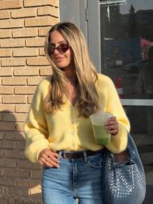 Women Yellow Solid Color V-Neck Front Button Long Sleeve Cardigan, Soft Knit Regular Fit Autumn Cardigan For Daily Work & Going Out - Yellow - View 4
