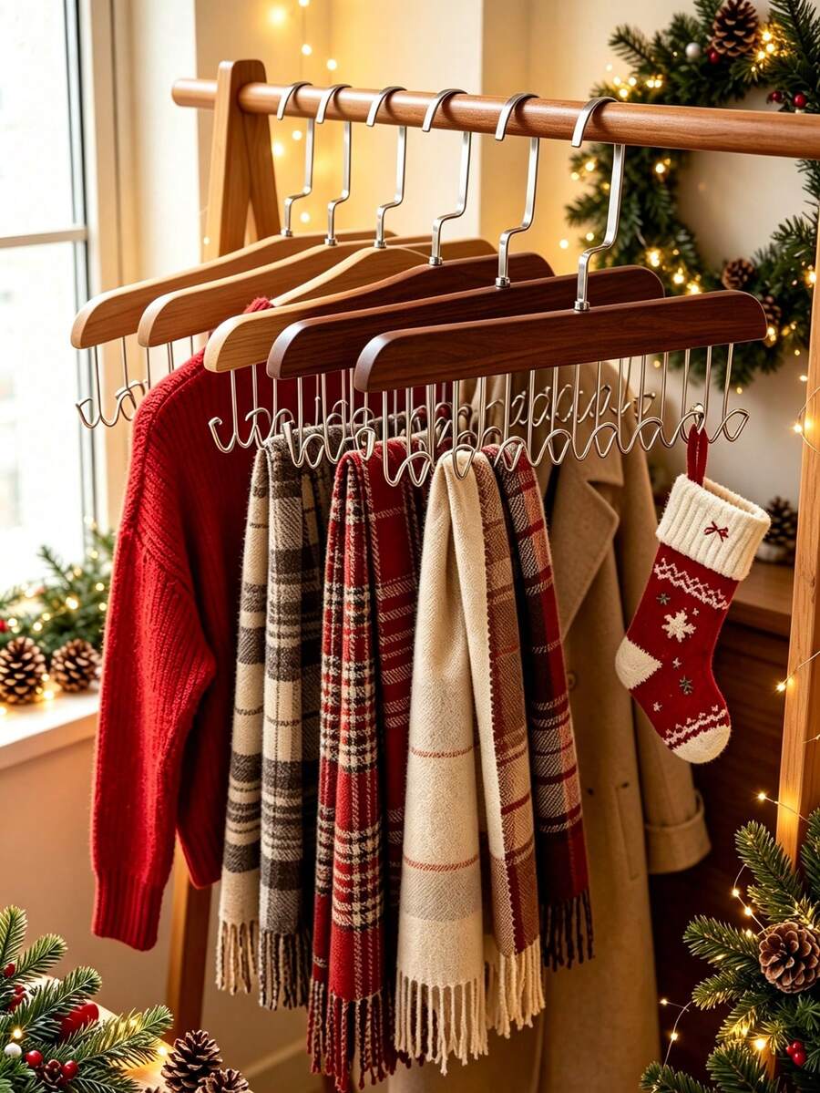 1 Set Multi-Functional Wooden (With Hooks) Clothes Rack, Wardrobe Storage Rack, With 8 Hooks, 360 Degree Rotation, Space-Saving Design, Bra Hooks, Back To School, Stationery, Home Decor, Perfect Christmas, Halloween, New Year Surprise
