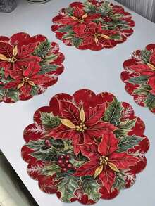 8pcs/4pcs/1pc Round Placemats, Winter Floral And Pine Cone Pattern, Suitable For Christmas Party Decoration, Theme Party, Christmas Dinner, Vintage Style Party - One Size Fits All - View 2