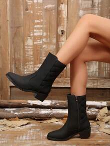 Women's New Vintage Pointed Toe Mid-Calf Boots Quilted Patchwork Side Zipper Chunky Heel Autumn/Winter Solid Color Western Style Holiday Shoes - Black - View 3