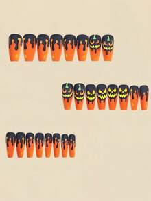 24PCS Halloween Press On Nails, Long Coffin Fake Nails, Matte Black And Orange Glitter Design With Pumpkin Face & Drip Pattern, Reusable False Nail Tips For Halloween Party Decoration - Multicolor - View 4