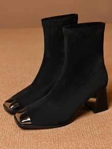 French Style Steel Toe Thick Heel Ankle Boots For Women, 2026 Autumn/Winter New Sexy Square Toe Slim Fit Elastic Ankle Boots - Black - View 9