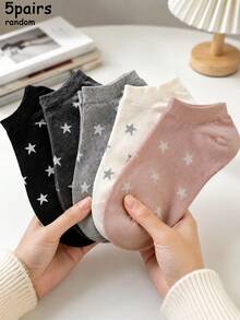 1/5 Pairs Women's Cute Star Pattern Multi-Color Boat Socks, Soft Comfortable Versatile, Ankle Socks, Random Style, Suitable For Daily Wear, All Seasons - Multicolor - View 7