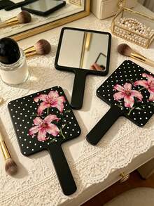 1pc Handheld Makeup Mirror, Lily Flower Pattern With Polka Dots, Square High-Definition Mirror With Handle, Portable Makeup Mirror, Suitable For Daily Makeup And Travel - Multicolor - View 3