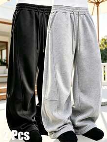 2pcs Men's Retro Loose Drawstring Sweatpants, Spring/Summer Casual Pants, Drawstring Design Fits Various Waists Fall Sports - Multicolor - View 1