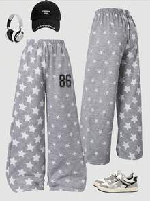 Lurzo Celana Panjang Wanita Musim Gugur/Dingin Y2K Abu-abu Motif Bintang Seluruh Permukaan, Celana Panjang Longgar dengan Motif Bintang dan Pola Digital, Gaya Jalanan Y2K, Cocok untuk Pakaian Luar Sehari-hari - Grey - View 4