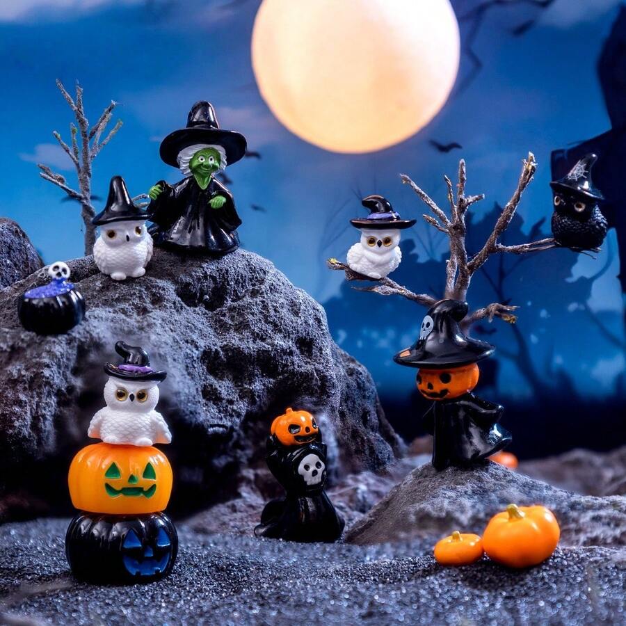 Halloween Mini Witch Cat Owl Pumpkin Figurine, Spooky Mini Decor, Suitable For Desktop Stationery, Dollhouse DIY Scene Handmade Decoration Accessories - Halloween - View 1