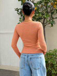 Women's Striped Colorblock Casual Versatile Daily Long Sleeve Top - Orange - View 2
