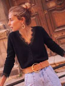 Women's Semi-Sheer Knit Cardigan, V-Neck Lace Trim, Long Sleeve Front Button, Regular Length Autumn Layering Top - Black - View 2