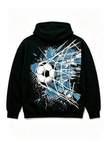 Men's Football Torn Net Print Sweatshirt, Blue Splatter Ink Sports Art Drawstring Kangaroo Pocket Pullover, Long Sleeve Loose Streetwear Sweatshirt - Black - View 4