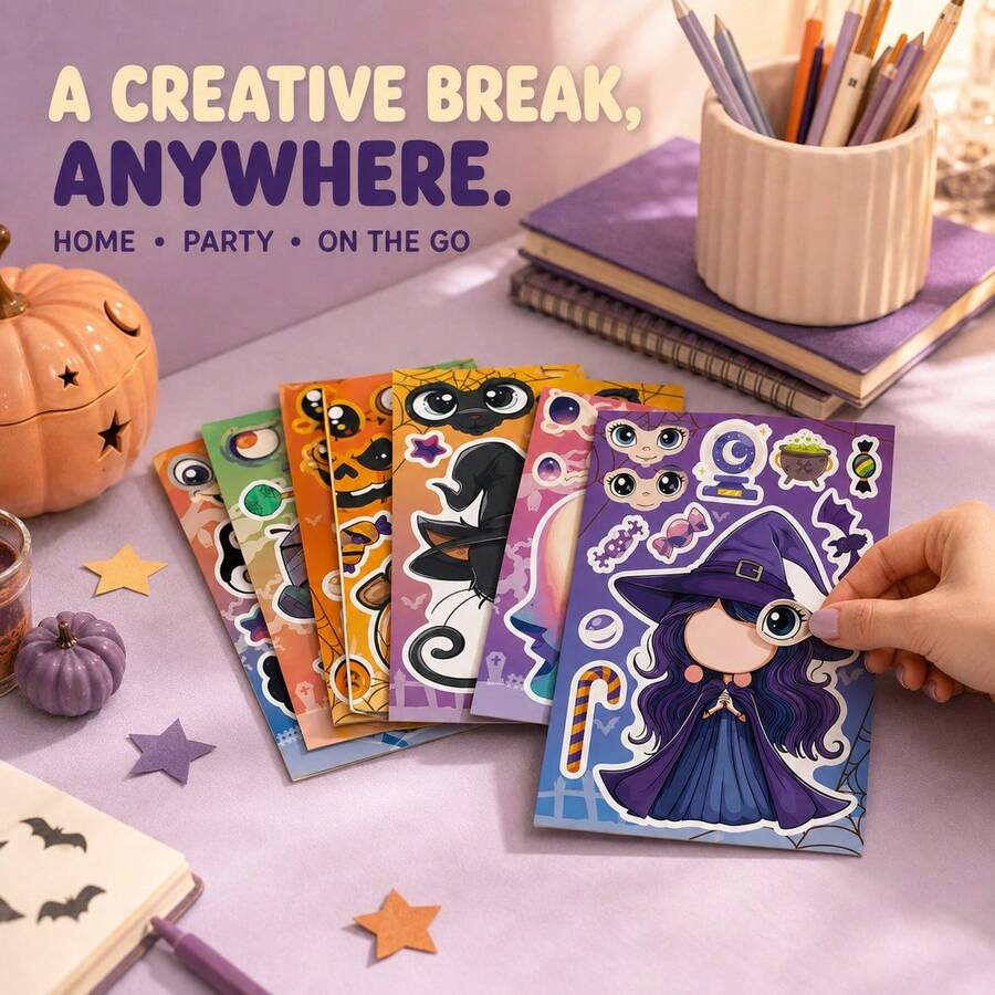 Halloween Handmade Sticker Set Of 6/12 Pieces, Party Gift Decoration, Facial Stickers Including Witch And Vampire Designs, Halloween Party Games And Classroom Activities Handmade Items, Perfect For Gifts And Candies - Multicolor - View 1