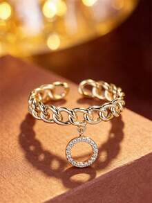 1pc Cuban Chain Circle Pendant Open Ring For Women, Thick Chain Hollow Circle Pendant Adjustable Finger Ring, Luxury Style For Date, Party, Anniversary Gift - Open Ring - View 2