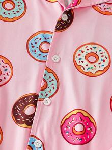 Tween Girl Fashion Casual Comfortable Cute Skin-Friendly Colorful Donut Digital Print Long Sleeve Cardigan & Pants Set, Suitable For Autumn/Winter Home & Daily Wear - Pink - View 5