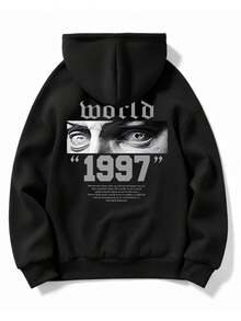 1pc Men's Plus Size Loose Oversize Fit Vintage World1997 Portrait Eye Graphic Hoodie | Exquisite Craftsmanship | With Front Kangaroo Pocket | Fashion Casual | Autumn/Winter Essential | Versatile And Easy To Match, Showcasing Your Style - Black - View 5