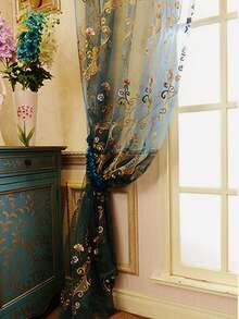 Single Panel, Lake Blue Premium Embroidered Sheer Curtain, European Luxury Personalized Old Money Floral Pattern Embroidered Window Curtain, Suitable For Living Room, Bedroom Windows And Door Decoration, Curtain Rod Not Included - Blue - View 10