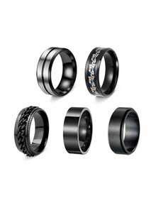 5PCS Black Stainless Steel Men's Rings, Punk Dragon Pattern Spinner Chain Rings, Couple Wedding Promise Jewelry For Daily Business Casual - Multicolor - View 15