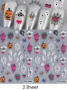 2 Sheets Gold Metal Gothic Halloween Nail Stickers, Scary Self-Adhesive Nail Decals With Skull, Bone, Vintage Key, Bat, Pumpkin And Moon, Halloween Letter Design, DIY Nail Art Decoration, Suitable For Halloween Festival - Multicolor - View 9