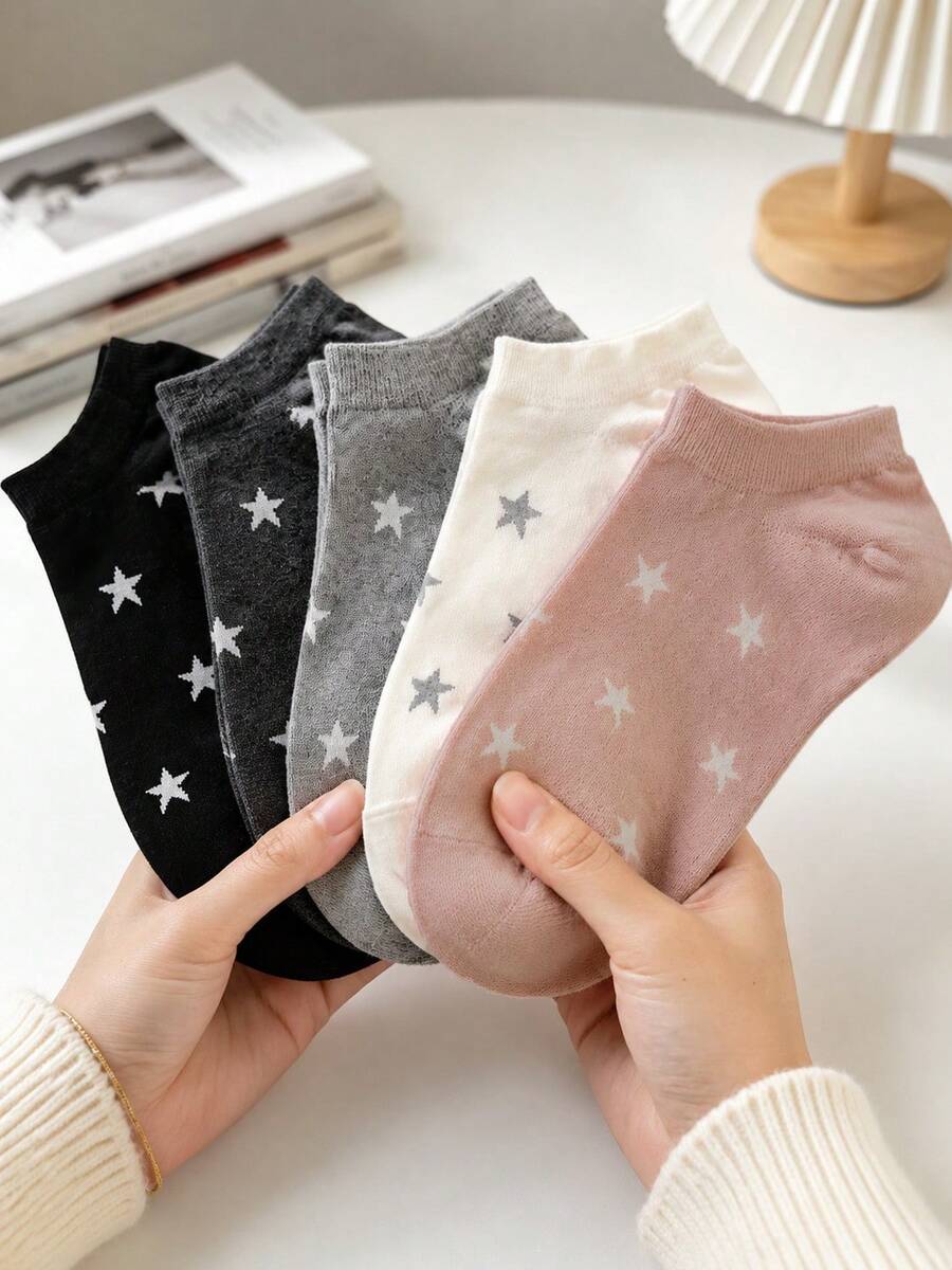 1/5 Pairs Women's Cute Star Pattern Multi-Color Boat Socks, Soft Comfortable Versatile, Ankle Socks, Random Style, Suitable For Daily Wear, All Seasons - Multicolor - View 1
