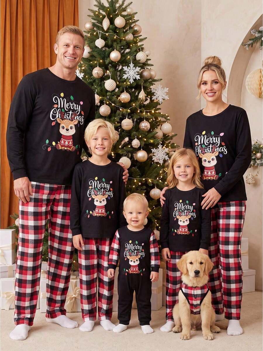 Family Christmas Matching Pajamas Set Long Sleeve Tops With Plaid Pants - Black - View 1