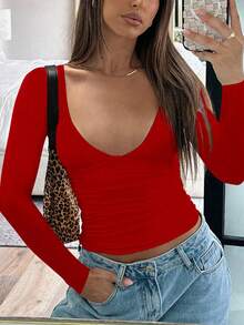 Fashionable Sexy V-Neck Fitted Long Sleeve Undershirt, New Y2K Style For Spring/Summer Red Casual - Red - View 4