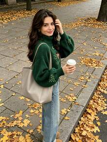 Women's High Neck Solid Color Loose Short Knit Sweater, Fox Moon Star Embroidery, Soft Comfortable Autumn/Winter Versatile Top - Green - View 5