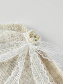 Women's Lace Patchwork Tie Bow Cold Shoulder Sweater, Soft & Cozy Slouchy Loose Slimming Knit Top, Autumn/Winter - Off White - View 5
