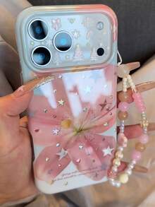 Niche Korean Style Spring/Summer Aesthetic Pink Star Rhinestone Lily Flower Phone Case Compatible With Iphone 17 Pro Max, 16 Pro, 15 Pro, 14, 13, Double Layer New Design, Girly Protective Cover For Women - Pink - View 5