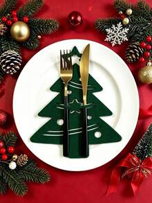 24pcs Set/Christmas Tree Cutlery Holder, Felt Christmas Tree Fork Pouch, With Hollow-Out Five-Pointed Star Embellishments, Holiday Party Table Decoration Supplies Set, Suitable For Home Dining Table Decor - Christmas Tree Placemat - View 3