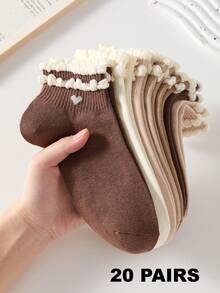20/10/5 Pairs Heart Pattern Maillard Color Cute Women's Bubble Lace Short Socks, Comfortable Breathable Moisture-Wicking, Suitable For Sports And Casual Wear - Brown - View 13
