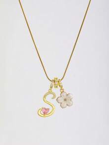 1pc Heart Initial Letter & White Five-Petal Flower Multi-Pendant Necklace For Girl's Anniversary Dates Party Holiday Birthday Gift For Daily Wear - Gold - View 7