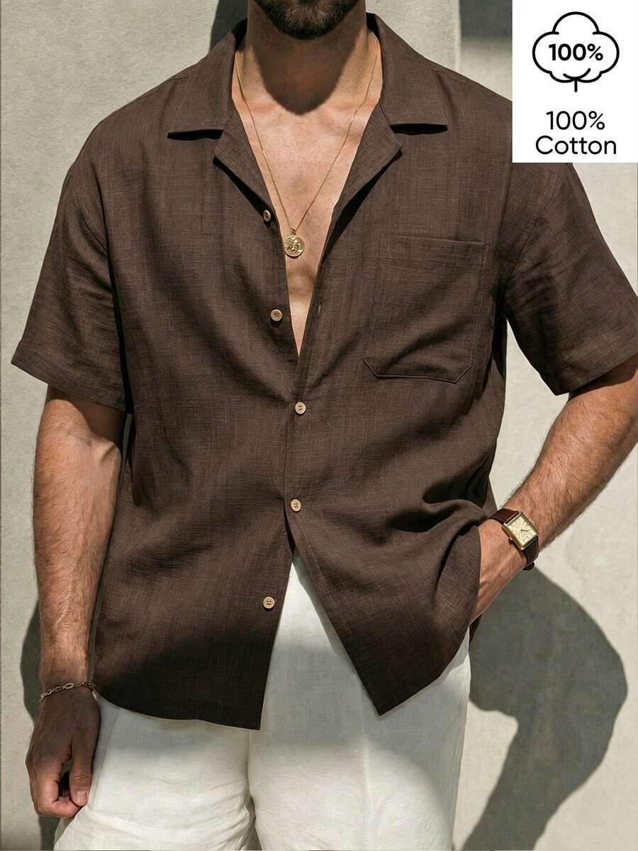 WAIT HIM 100% Cotton Men's Casual Solid Color Short Sleeve Shirt With Notch Collar - Brown - View 1