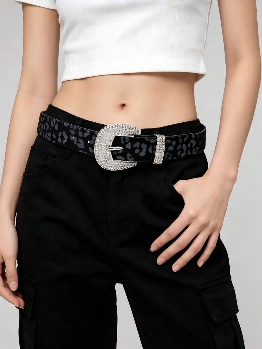 APLCSEY 1pc Women's Black PU Belt With Rhinestone Buckle, Fashionable Versatile Accessory For Daily Wear And Shopping - Leopard Print Black - View 1