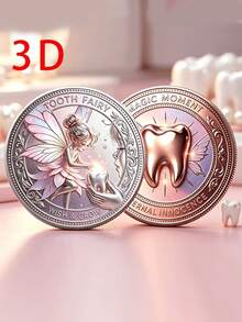 3D Fairy Tale Theme Commemorative Coin, Tooth Fairy Collection Coin With Elf And Butterfly Wing Milk Tooth Pattern, Warm Childhood Growth Memorial Lucky Coin, Tooth Loss Milestone Fairy Tale Theme Gift, With Acrylic Case - Silver - View 2
