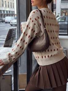 minisummer Kardigan Rajut Jacquard Motif Berlian Warna Beige Elegan untuk Wanita Musim Gugur, Sweater Coat Kerah Bulat Kancing Depan Lengan Panjang dengan Saku - Unta - View 8