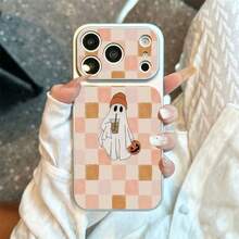 1 buah Casing Ponsel Motif Hantu Teh Susu Papan Catur Bahan TPU untuk Halloween, Kompatibel dengan Apple 17 Pro Max/17/16 Pro Max/15/13/12/11, Layar Jendela Besar, Perlindungan Penuh, Anti Jatuh, Casing Pelindung Lembut - Perak - View 2