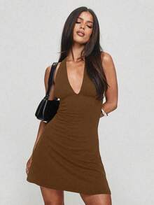 Sexy Fashion Deep V-Neck Sleeveless Mini Dress, New Summer Style, Suitable For Dating And Daily Wear - Brown - View 3