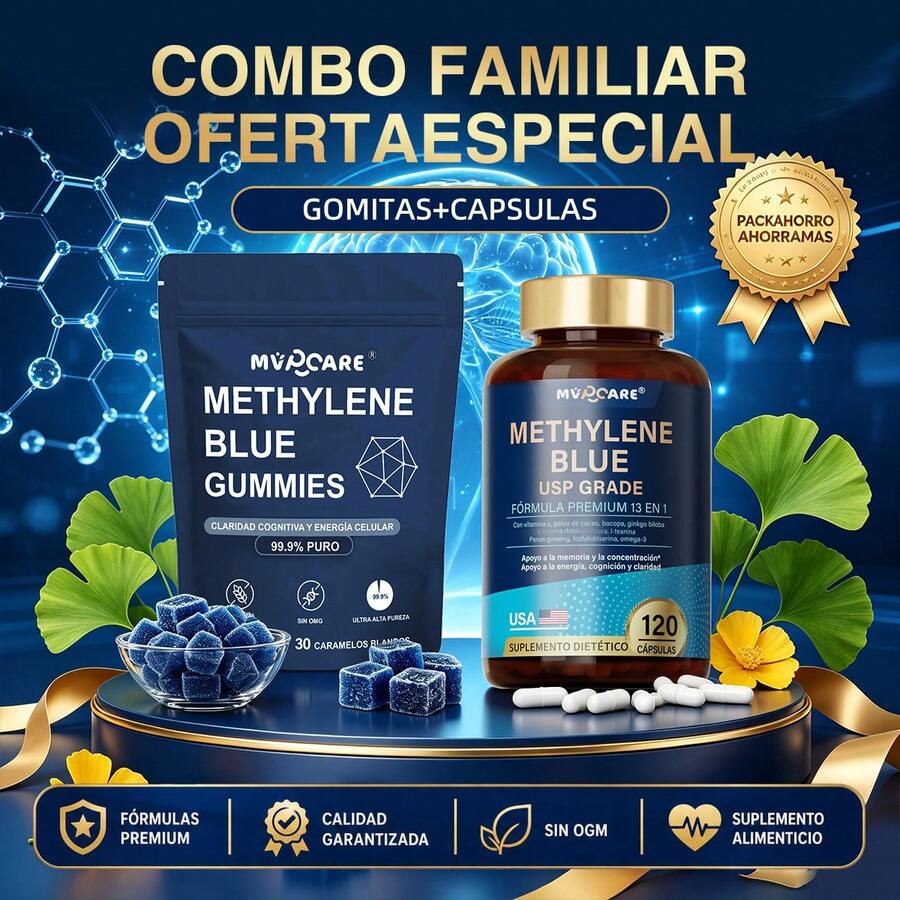Combo Azul de Metileno MVPCARE | Cápsulas 13 en 1 y Gominolas USP, Apoyo Cerebral, Energía y Claridad Mental - Paquete combinado de dos productos - Ver 1