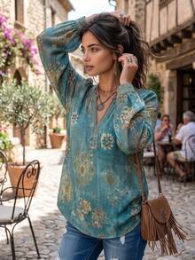 2026 New Blue-Green Floral Print Blouse Long Sleeve Loose Fit Bohemian Top Hippie Shirt Vintage Floral Print Small V-Neck Lantern Sleeve Lightweight Breathable Print Bohemian Fashion Vacation Outfit Island Holiday Style Country Music Festival Outfit Western Cowboy Style Pastoral Vintage Style Retro Aesthetic Casual Streetwear Plus Size Friendly - Multicolor - View 3