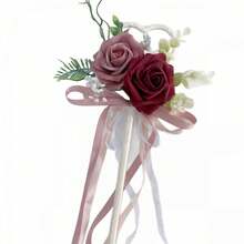 Artificial Flower Wand For Bridal Ribbon Faux Flower Bouquets Wedding Props - Red - View 6