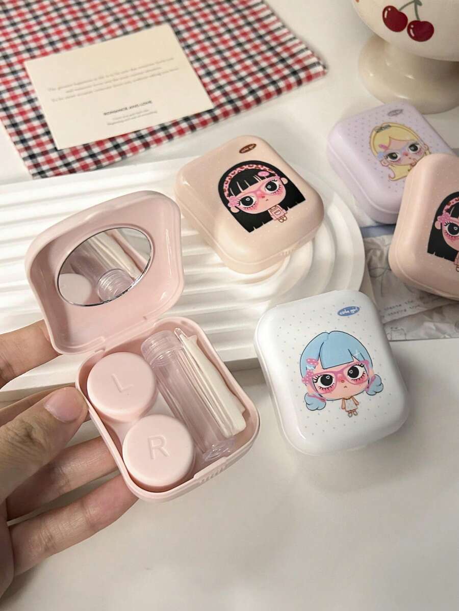 Cute Girl Print Contact Lens Case With Mirror, Portable Lens Storage And Care Set, Compact Design Suitable For Daily Use And Travel