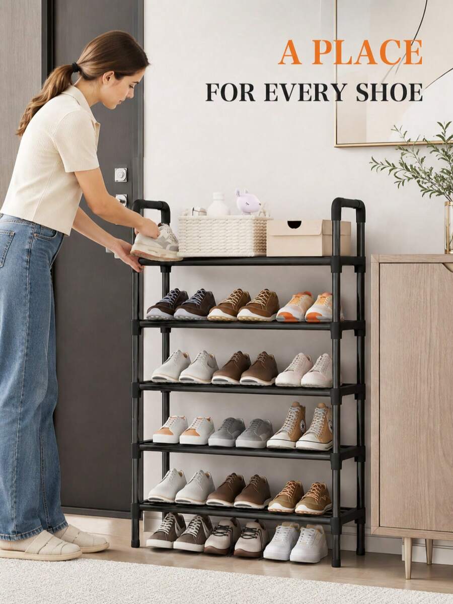 1pc Multi-Layer Steel Tube Shoe Rack With Safety Handle Design, Large Capacity Sturdy Storage Organizer For Home Entryway Bedroom Hallway Living Room Closet, Durable Metal Shelving Unit