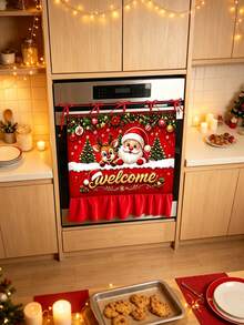 Christmas Oven Door Curtain, Santa Claus And Reindeer Welcome Print, Red Ruffle Trim Hanging Decor, Suitable For Kitchen, Holiday Party, Farmhouse Home Decor - D - View 5