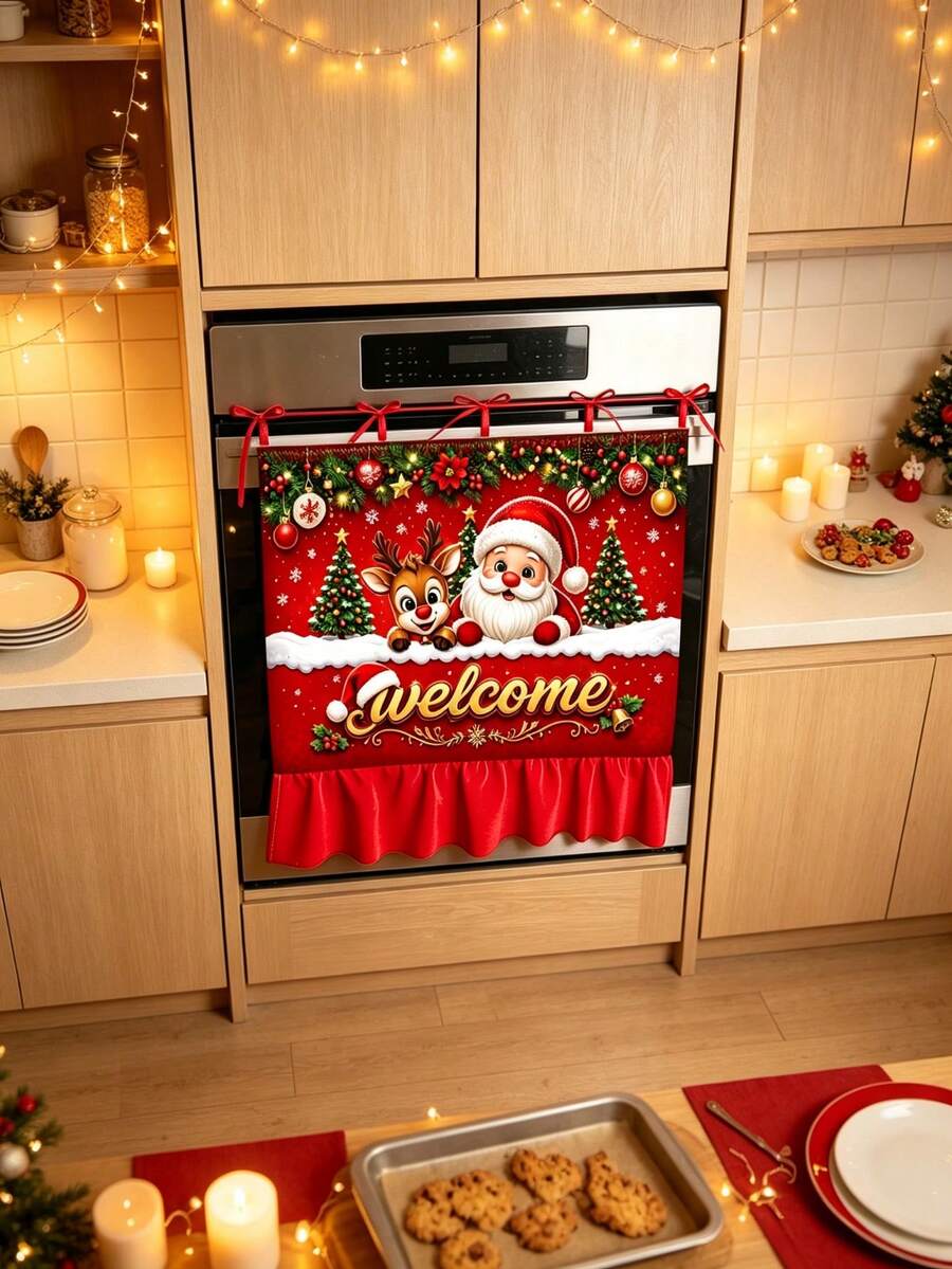 Christmas Oven Door Curtain, Santa Claus And Reindeer Welcome Print, Red Ruffle Trim Hanging Decor, Suitable For Kitchen, Holiday Party, Farmhouse Home Decor - D - View 1