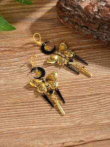 1 Pair Fashion Vintage Exquisite Distressed Star & Moon Textured Butterfly Rhombus Dangle Long Tassel Earrings For Women, Suitable For Daily Commute, Vacation, Party, Banquet - Gold - View 3