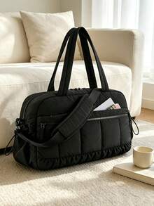 Travel Bag With Quilted Plaid Pattern, Ruched Hem And Metal Zipper Decor, Handheld And Crossbody Multi-Compartment Storage For Clothes And Digital Accessories, Zipper Closure, Minimalist Puff Style, Travel And Gym Bag, Unisex Short Trip, Sports And Commute, Practical Luggage Bag - Black - View 7
