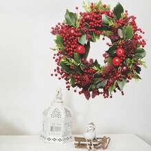 Christmas Artificial Pine & Love-In-A-Mist Wreath Wall Sticker, Self-Adhesive Home Decor For Bedroom And Entryway, Holiday Decoration Gift - Multicolor - View 9