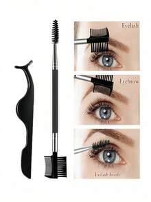 2pcs Eyelash Tweezers And Dual-Head Multi-Purpose Eyebrow Brush, False Eyelash Extension Tweezers, Removal Clamp Tweezers, Women's False Eyelash Application Tool - Black - View 3